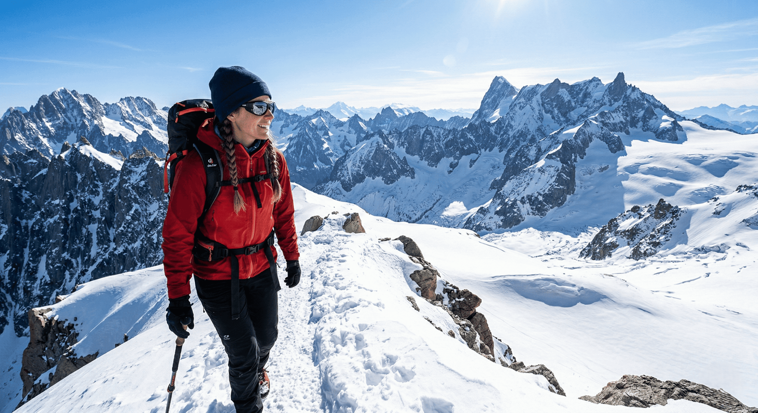 Image d'une randonneuse en montagne sous la neige portant des lunettes de soleil