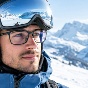 Image d'un skieur portant des lunettes de vue avec un masque de ski