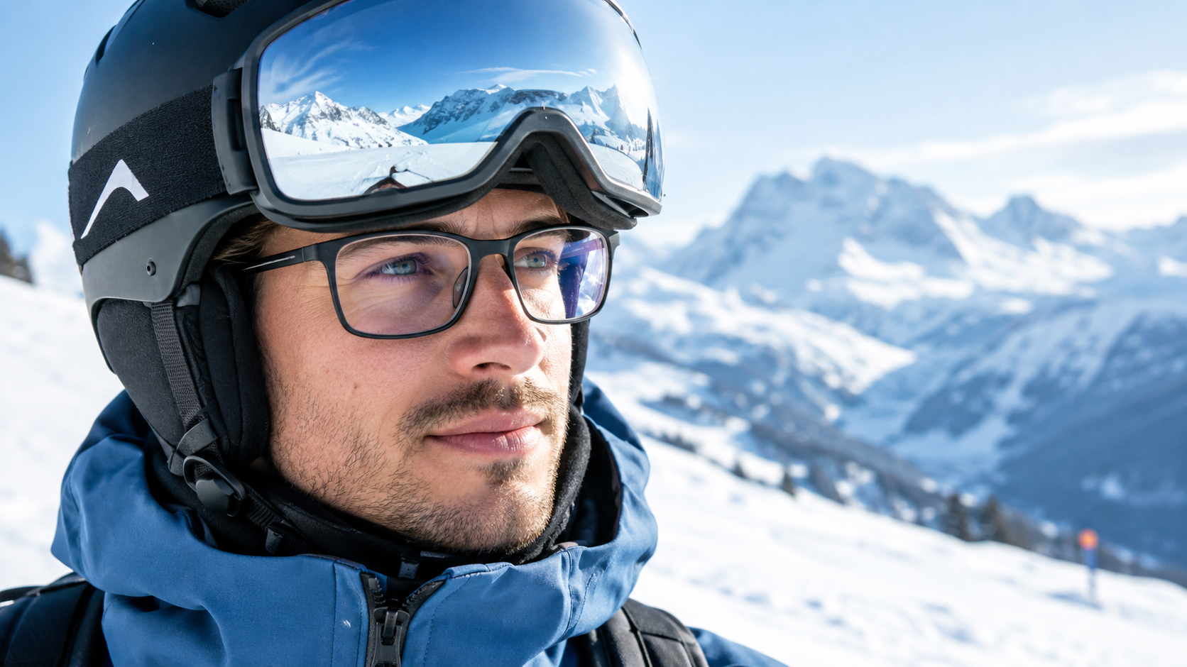Image d'un skieur portant des lunettes de vue avec un masque de ski